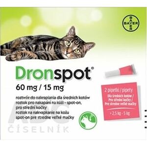 Dronspot 60 mg/15 mg spot-on (2 pipety) pre stredne veľké mačky (>2, 5 - 5 kg) 2x0, 7 ml vyobraziť