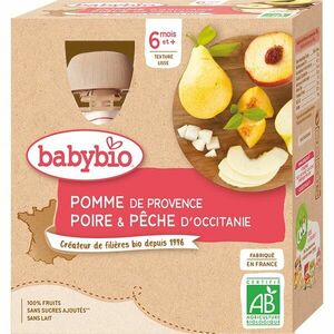 Babybio BIO jablko, hruška, broskev ovocný príkrm 4x90 g vyobraziť