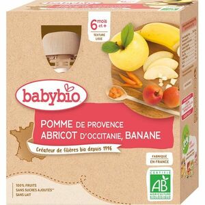 Babybio BIO jablko, marhuľa a banán ovocný príkrm 4x90 g vyobraziť