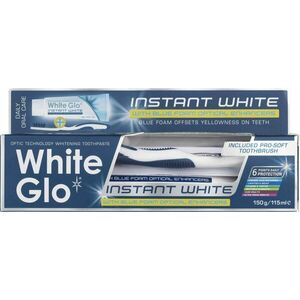 WHITE GLO Instant white + zubná kefka a medzizubná kefka 150 g vyobraziť